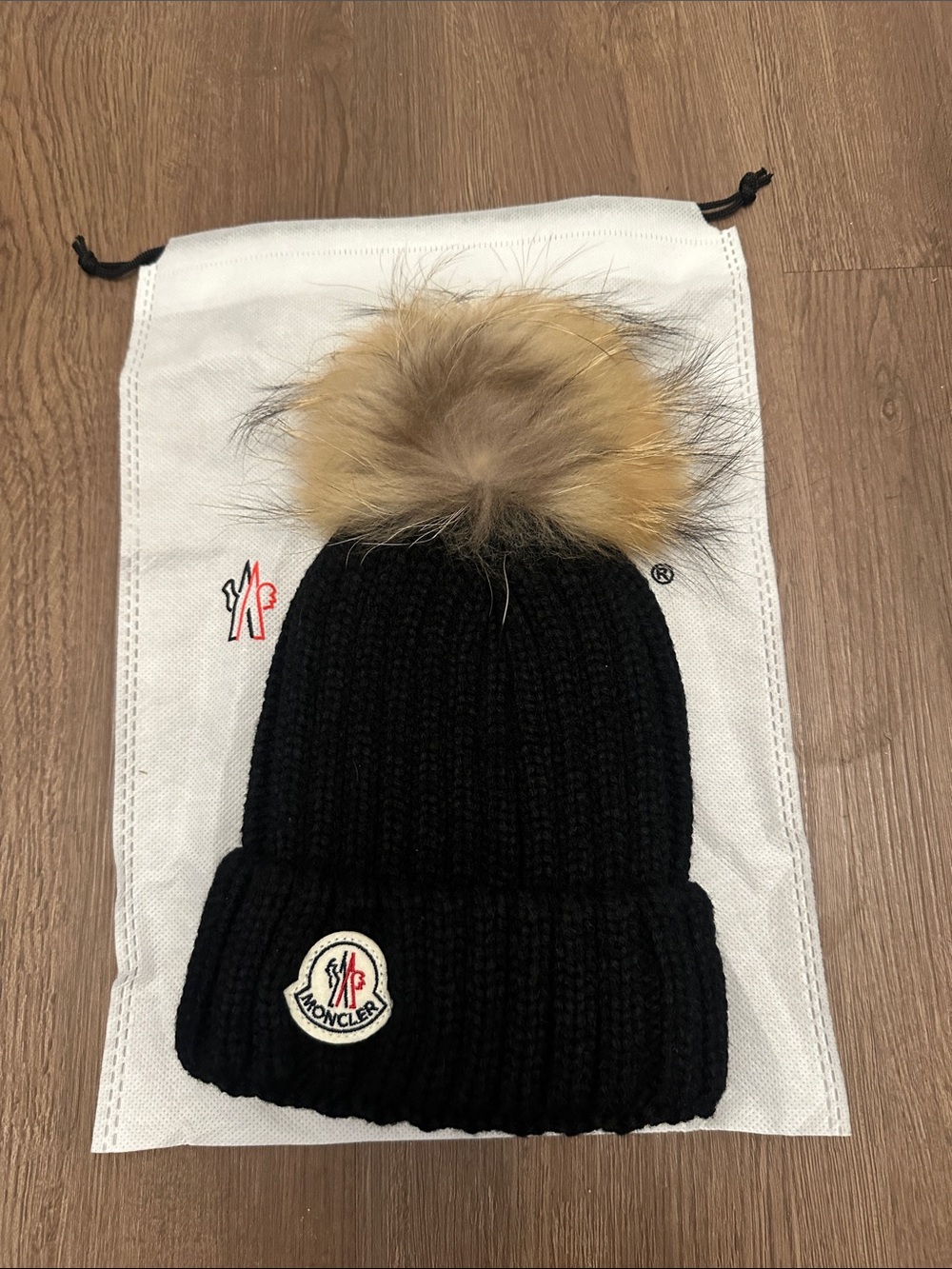 Moncler Black Knit Beanie with Tan Fur Pom